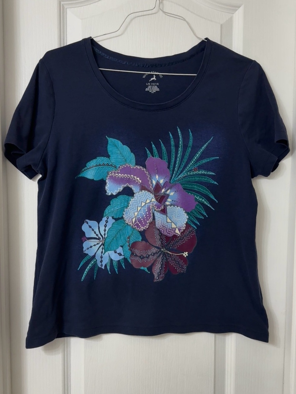 White Stag Women's Navy Floral Crew Neck Short Sleeve 100% Cotton Knit Tee XL